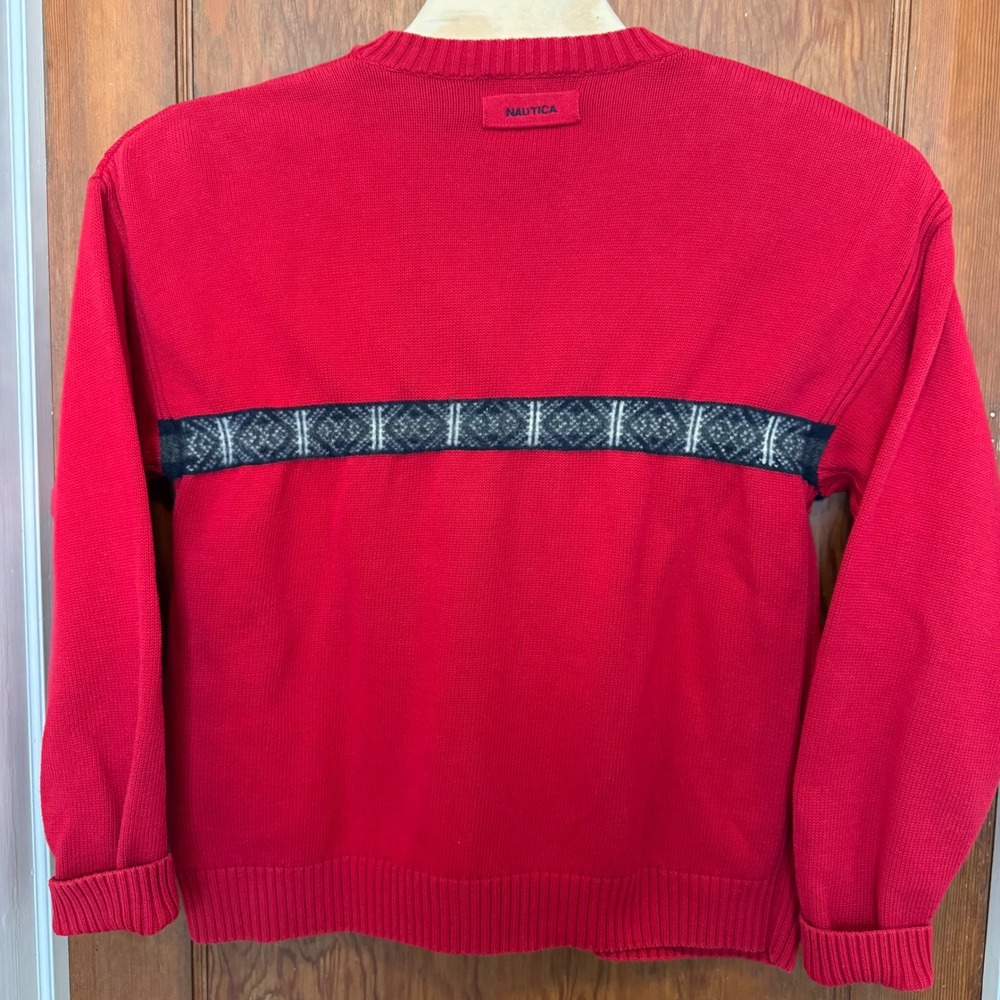 Vintage Nautica Men's Red Crew Neck Sweater Fair Isle Pattern L 90s Y2K Wool - Picture 5 of 7
